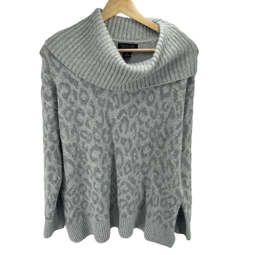 Rachel Zoe Women's Knitted Cowl Neck Leopard Print Pullover Sweater Gray Medium